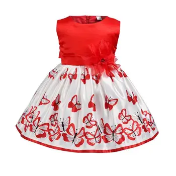 2021 Nową Sukienkę bez rękawów z nadrukiem motyla i Czerwoną Kokardą, Zapinana Zmysłowa Sukienka Księżniczki dla dziewczynek, Ubrania dla Dzieci od 3 do 10 lat