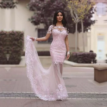Różowe Koronki Koronki Ślubne Suknie Wieczorowe Dla Imprez Seksowna Długa Arabski Strój Na Bal Vestido De Festa